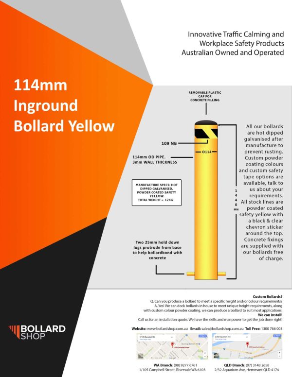 114mm x 1500mm Inground Bollard in Yellow Brochure with specifications